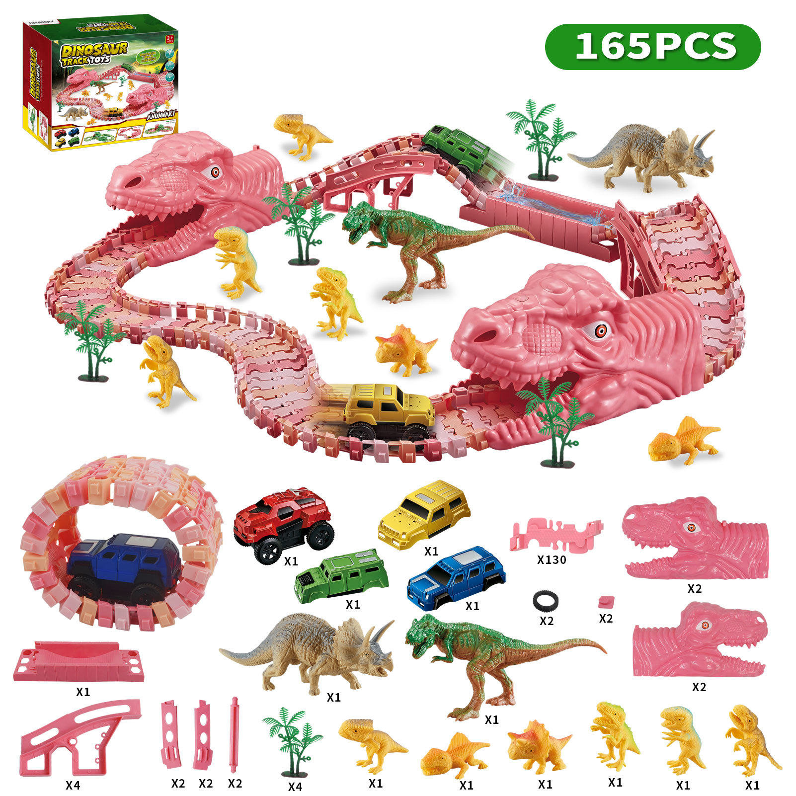 Cross-border Dinosaur Electric Railcar DIY Changeable Assembled Building Block Track Over Dinosaur Mountain 153PCs Children's Toys