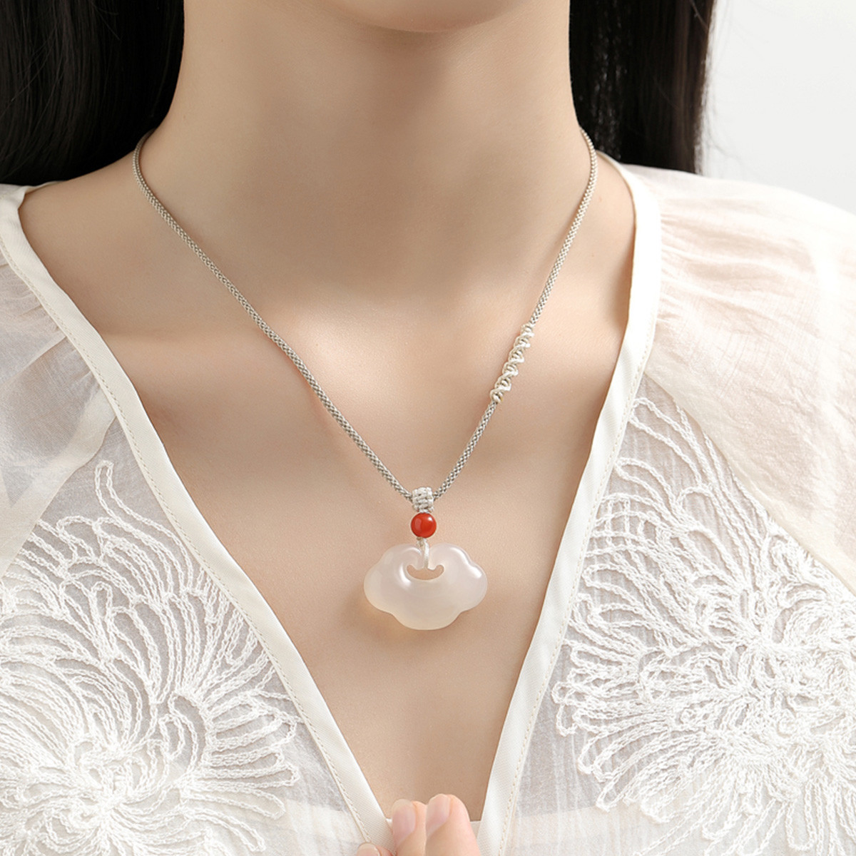 Chalcedony Xiangyun Ruyi Necklace Women's New Chinese Pendant Neck Chain Accessories Birthday Gift