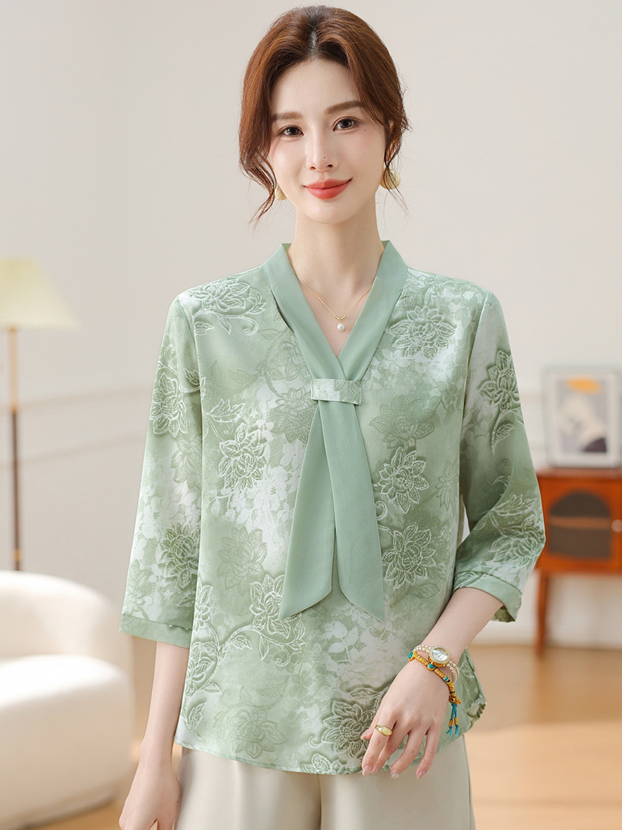 Qiao Yaying Mother's Mother's Day Top Summer Explosions Printed Top plus size Middle-aged and Elderly Women's Base Shirt