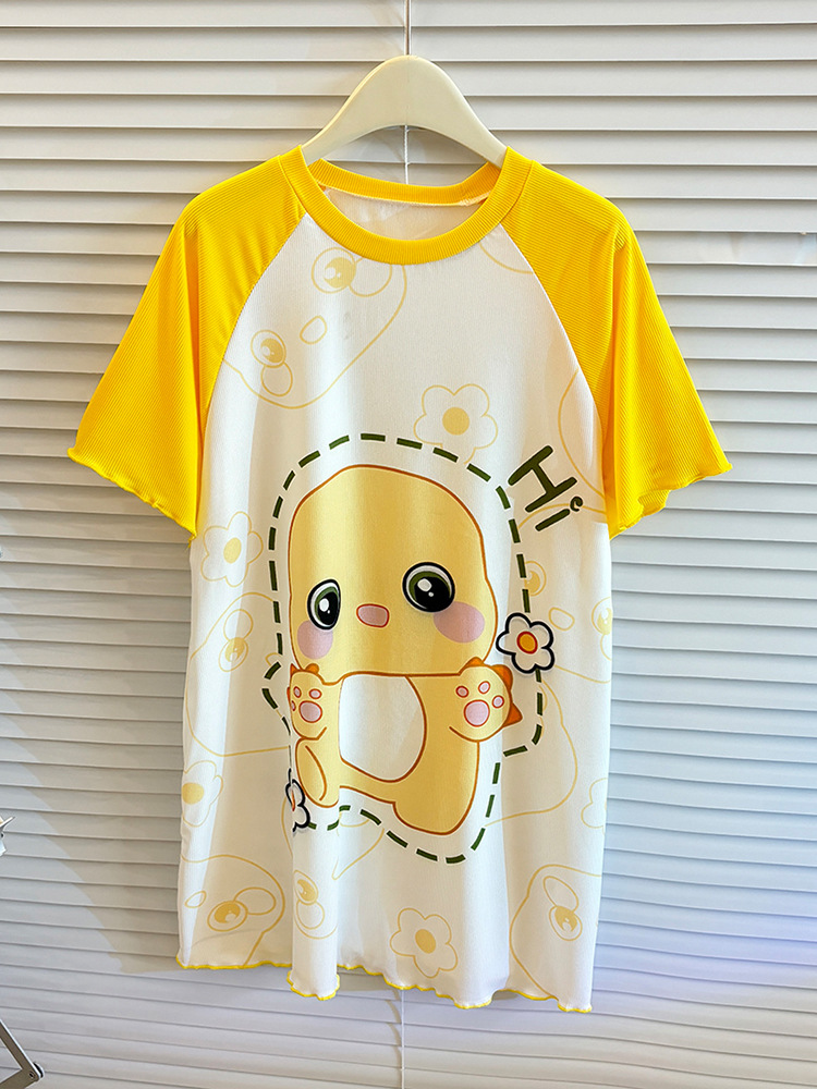 Children's Summer Thin Long Nightgown Girls' Ice Silk Casual Lace Short-sleeved Nightgown Baby's Cartoon Pajamas Air-conditioning Clothes