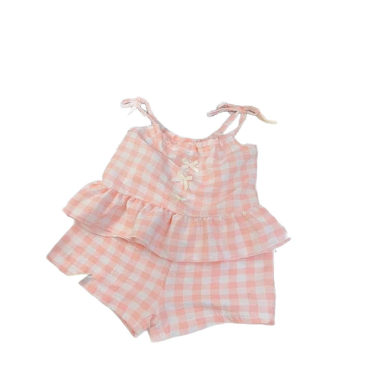 Summer Export Two-Piece Plaid Bow Suspender Suit for Girls, Stylish Plaid Vest Culottes, Internet Celebrity
