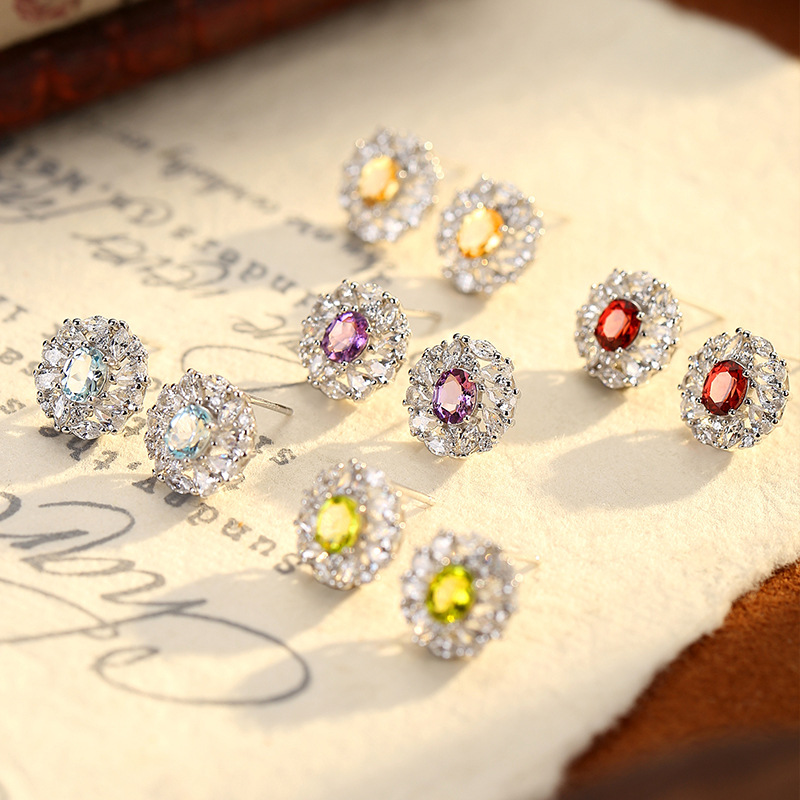 Earrings for Women, Elegant Studded with Diamonds, Fashionable Design, Natural Crystal Stone Accessories, Blooming Flowers, S925 Sterling Silver Earrings