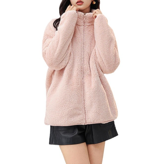 Winter Fashion Fleece Coat Women's Coral Fleece Zipper Casual Thickened Double-Sided Arctic Fleece Solid Color Warm Top