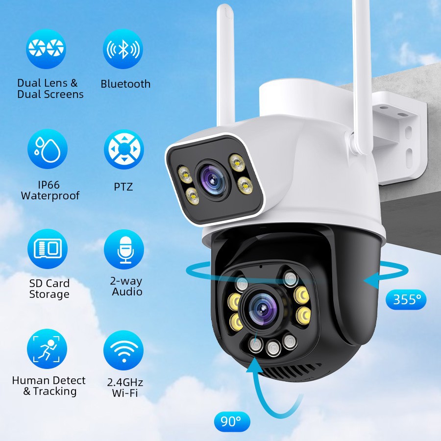 Icsee Dual-Lens Wifi Camera Night Vision Mobile Phone Two-Way Voice Remote Outdoor 360 Monitoring Smart Security