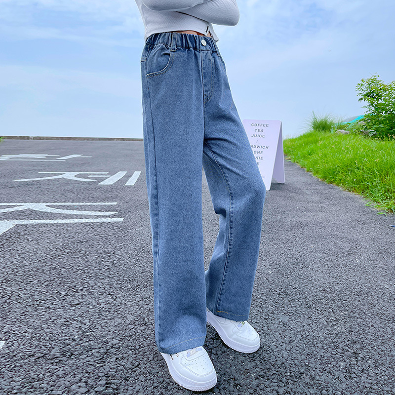 Girls Jeans 2025 Korean Style Autumn Clothes Girls Big Children Straight-Leg Leg Wide Leg Pants Autumn Casual Loose Children's Pants