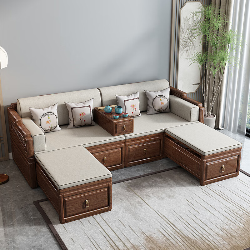 New Chinese Style Solid Wood Luohan Bed Walnut Living Room Retractable Tatami Sofa Zen Carved Sliding Sofa Bed
