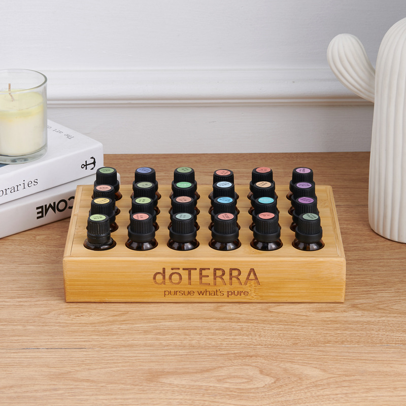 Cross-Border 24-Grids 15ml Bamboo Doterra Essential Oil Storage Display Rack Wooden Box Cosmetics Desktop Organizer Table