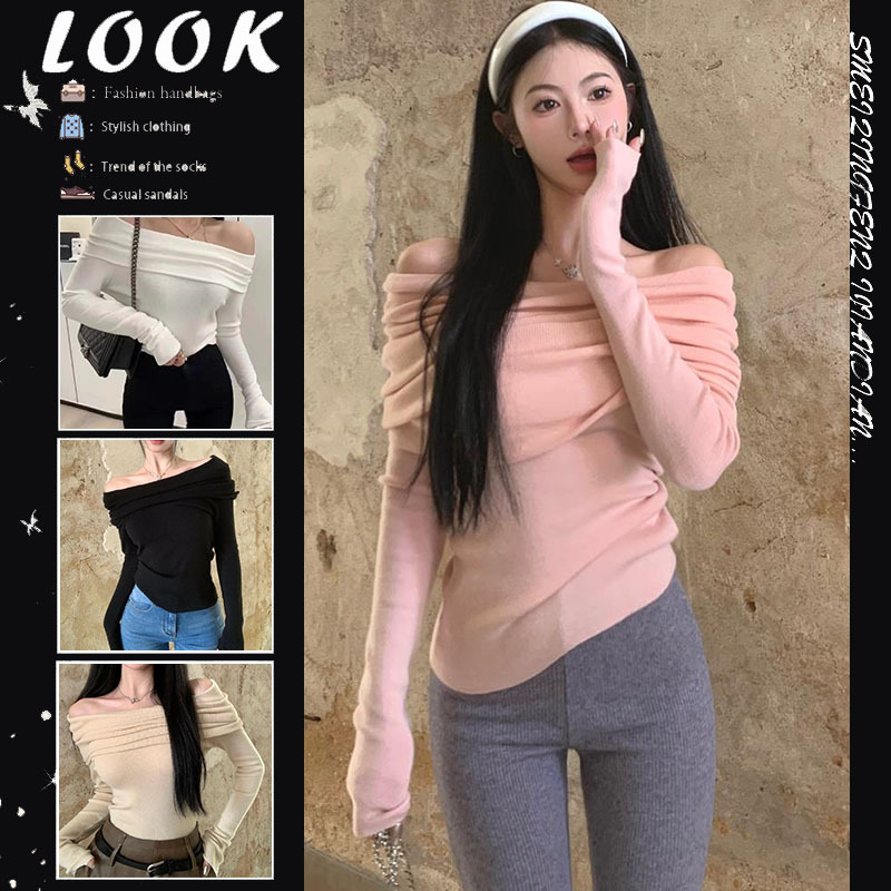 Теплый свитер с открытыми плечами и воротником, короткий, в нежном стиле, облегающий, с длинными рукавами, базовая футболка