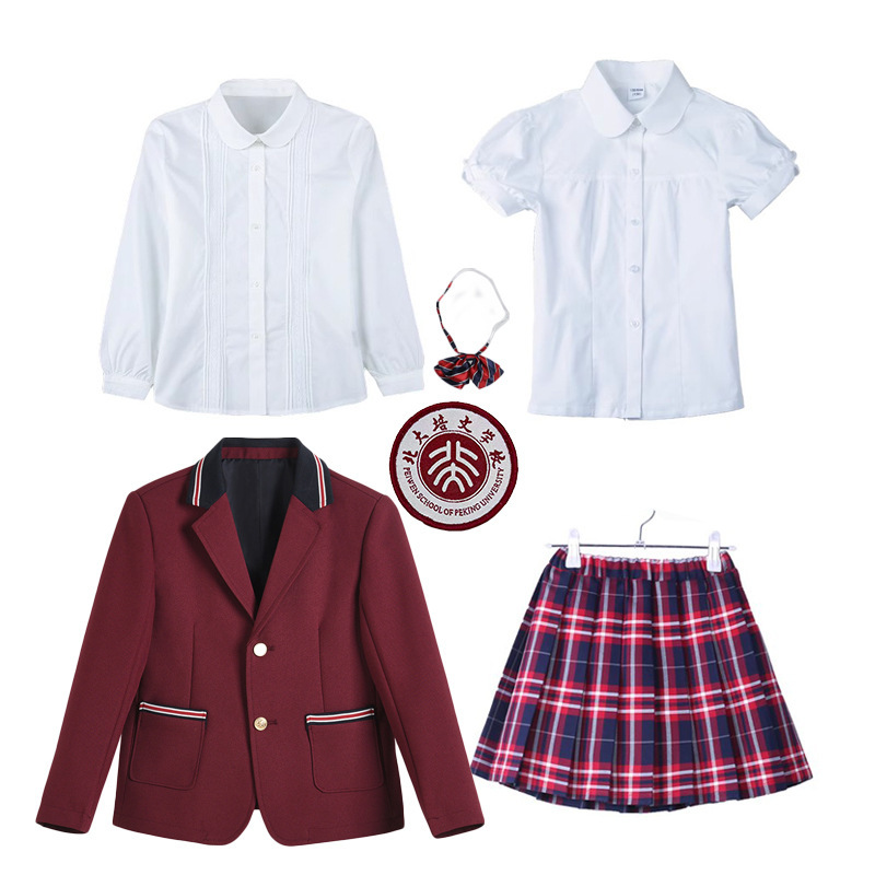 Peking University Peiwen School Uniform suit Primary School Students' dark gray Summer Thin Pants Children's Girls and Boys White Short-sleeved T-shirt