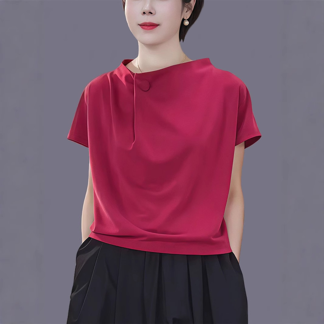 Authentic High-End Summer Solid Color Sweatshirt, Large Size Loose Pullover Top, Middle-Aged Women's Age-Reducing Design Bottoming Shirt