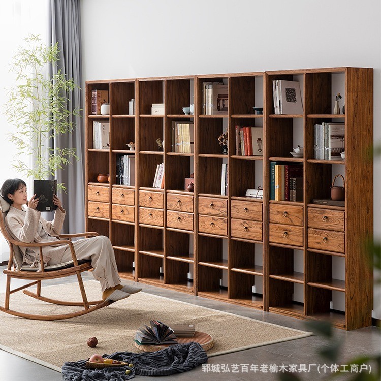 Solid Wood Bookshelf Living Room Floor Bookcase Whole Wall Multi-Layer Partition Storage Cabinet Old Elm Ancient Rack Solid Wood Antique Rack