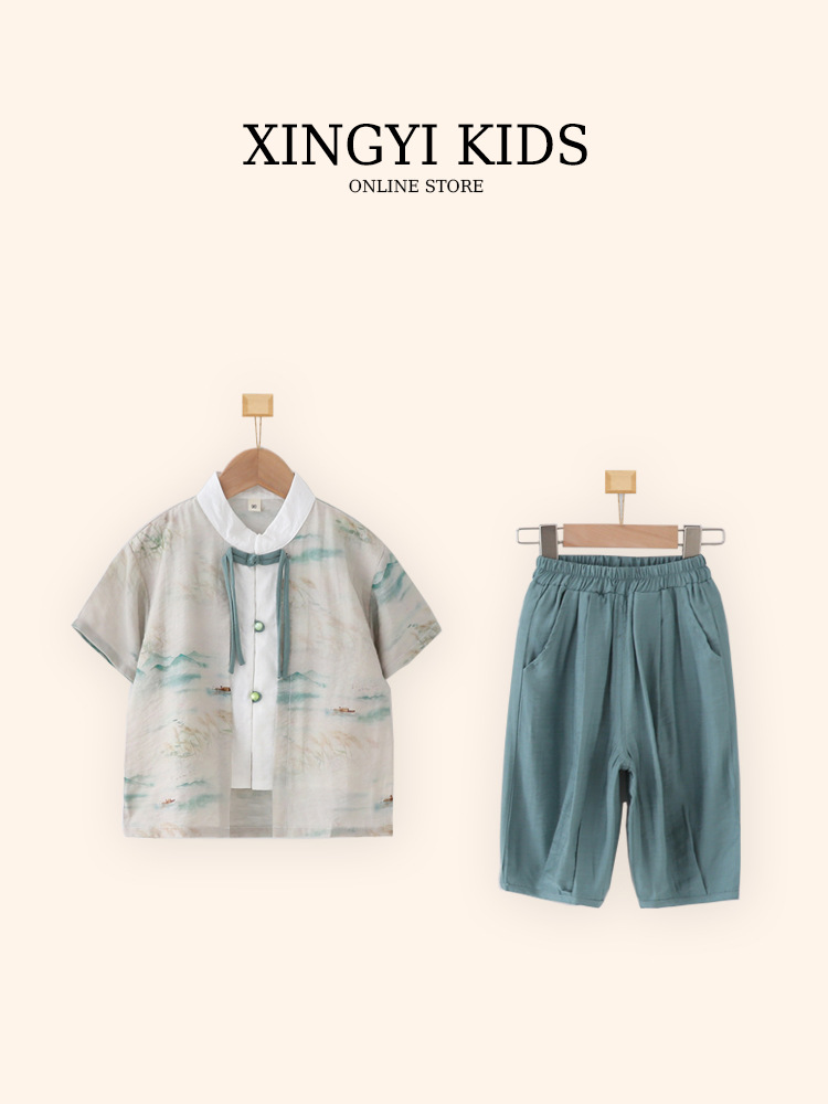 Children's Hanfu Boys' Short-sleeved Suit Summer National Style New Chinese Style Fake Two-piece 561 Kindergarten Performance Costume