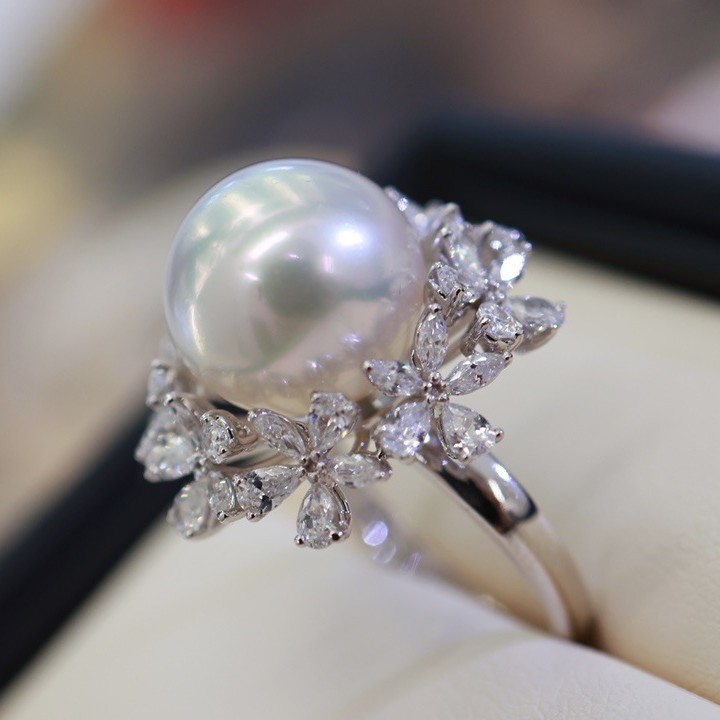 Pt900 Accessories Luxury Small Flower Ring Setting White Zircon Ring Set with 12-13mm Pearls Without Beads