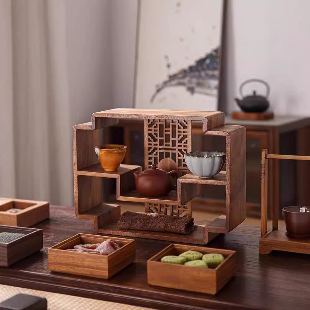 Walnut Storage Rack Small Desktop Tea Cup Antique Rack Living Room Tea Room Chinese Style Storage Cup Rack Display Shelf