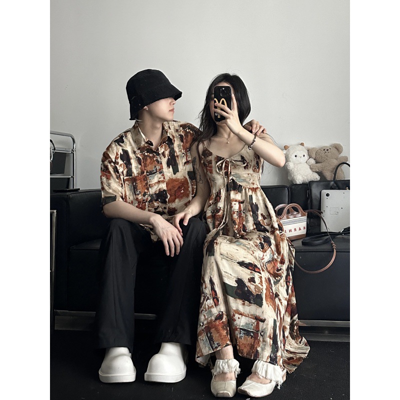 2024 Summer Couple Dress Simi Dyed Seaside Holiday Style Beach Wear Retro Suspender Dress One Dress One Dress