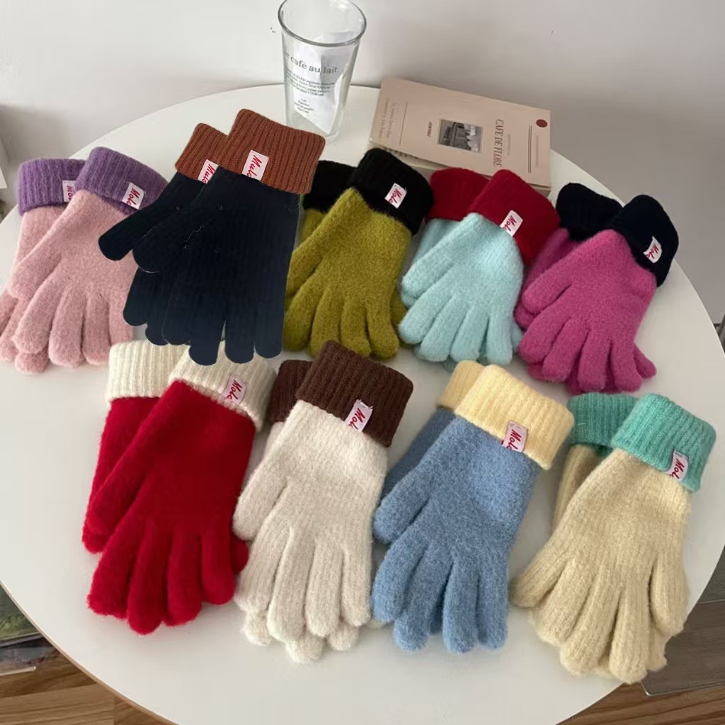 Colorful Warm Wool Gloves Women's Autumn and Winter New Knitted Touch Screen Winter Riding Five Finger Cold-proof Solid Color