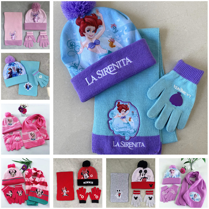 Knitted Hat Scarf Three-piece Set Ice Princess Girls Mermaid Cartoon Children Winter Warm Christmas Gloves