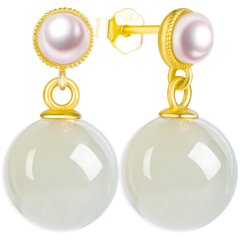 genuine goods Natural Old Material Hetian Jade Round Bead Earrings Pearl Women's Earrings S925 Silver Set Jade Stone Simple Earrings