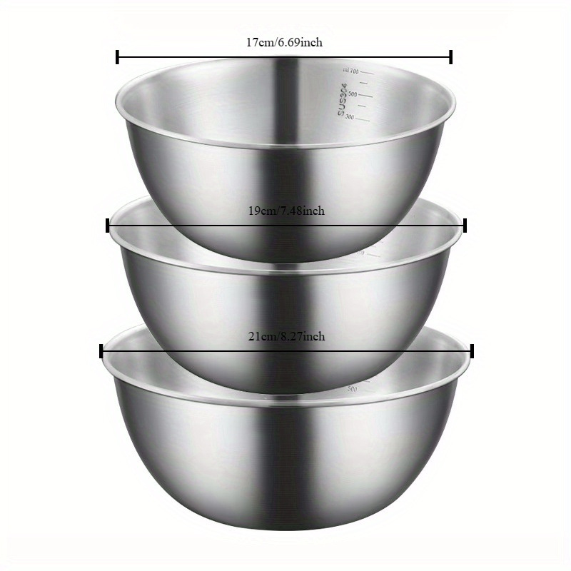 3-Piece Set of Stainless Steel Salad Bowls, Fruit Bowls, Kitchen Vegetable Washing Bowls, Egg Beating Bowls, Ramen Instant Noodle Bowls, Mixing Bowls