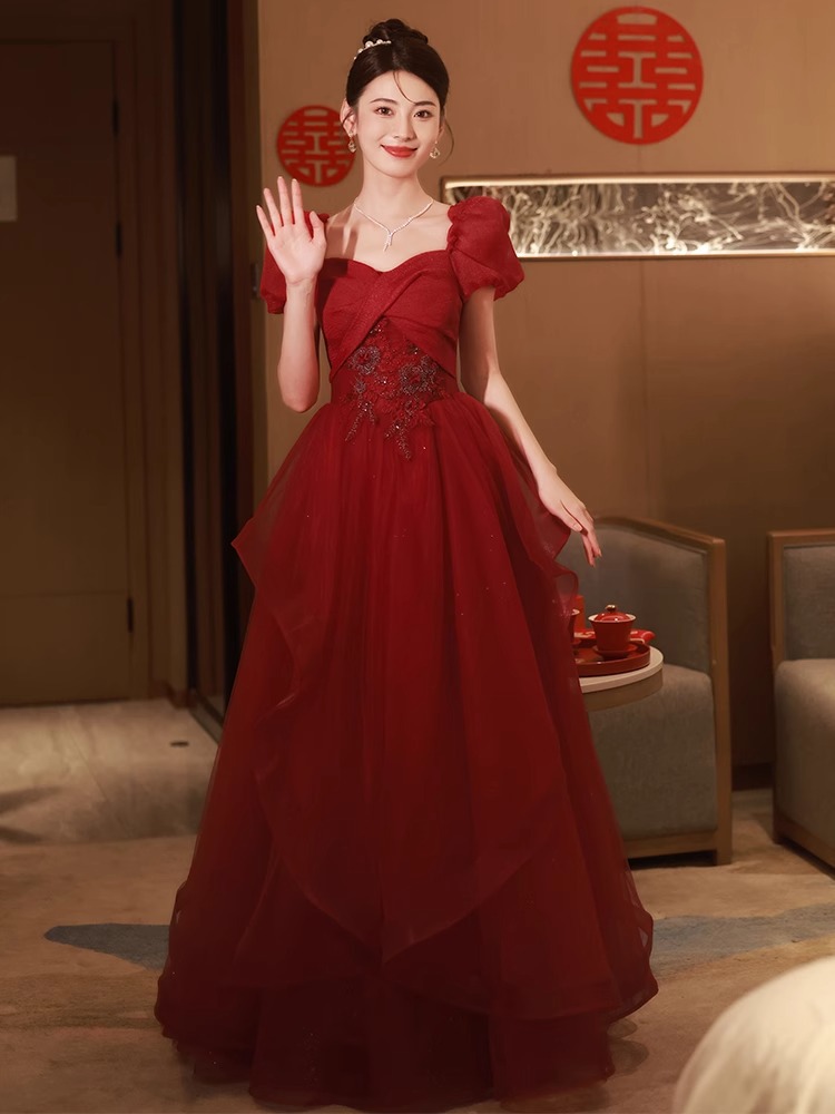 Toast Wear Bride 2025 New Red Summer Engagement Evening Dress Skirt Women's Summer Wedding High-End Gauze Skirt Summer