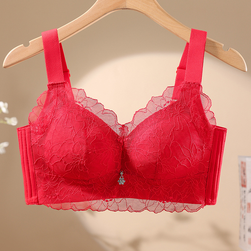 Benmingnian Big Red Wedding plus size Underwear Women's chubby girl Big Chest Small Chest Bra Thin Bra for Summer