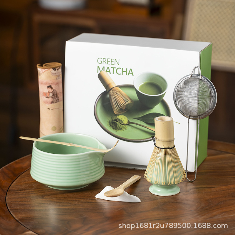 Japanese-Style Matcha Tea Set with Tea Whisk, Tea Scoop, Tea Bowl, and Tea Tools in a Colorful Ceramic Box Set