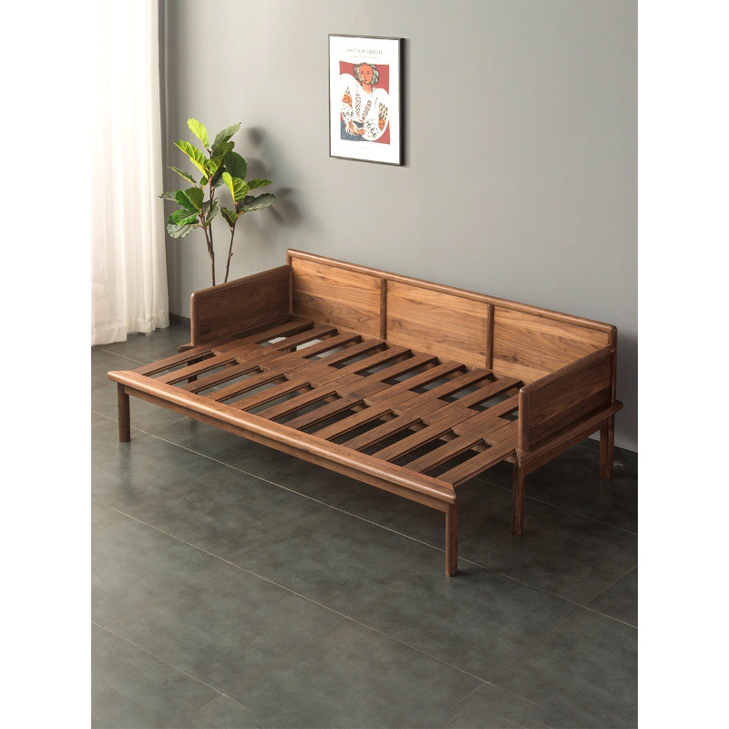 New Chinese-style Black Walnut Luohan Bed Simple White Wax Solid Wood Telescopic Sofa Bed Small Apartment Push-pull Zen Bed