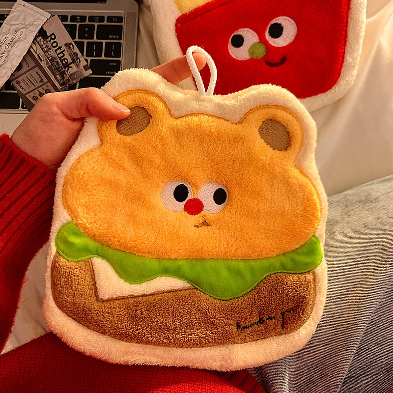 Cute French Fries Wipe Hand Towel Hanging Handkerchief Rag Toilet Kitchen Hanging Towel Cartoon Burger Bear Thickened