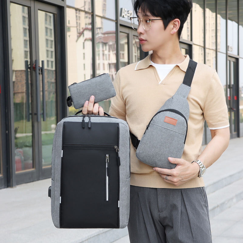 Cross-Border Business Backpack Men's USB Charging Multi-Functional Simple Large-Capacity Backpack Three-Piece Set College Student Bag
