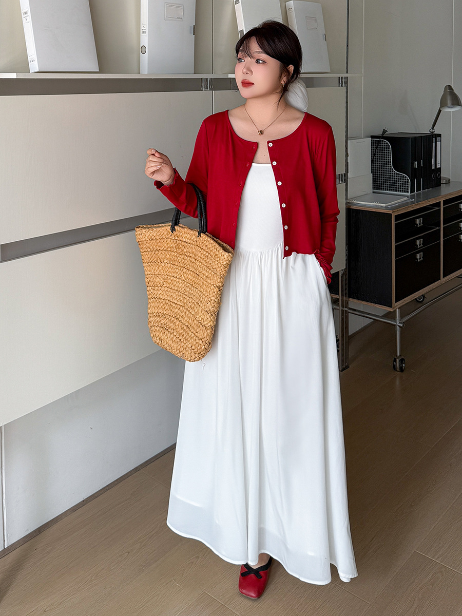 Eno Plus Size Women's Cardigan Suspender Skirt Suit 2025 Autum New Sweet White Moonlight Two-Piece Set 132128