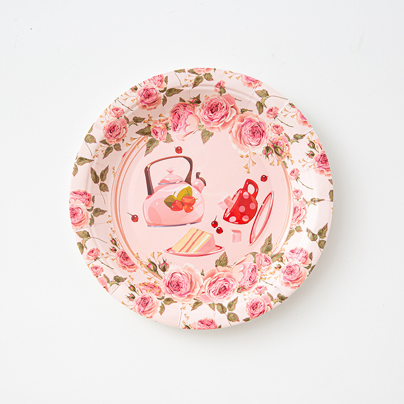 Spring Theme Disposable Paper Plate Set Tea Party Style Flower Appreciation Pattern Paper Plate Paper Cup Tableware