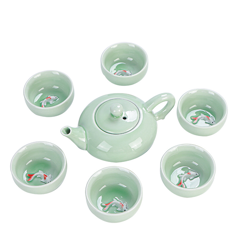 Celadon Xiaoyu One Pot and Six Cups Tea Set Set Household Simple Business Souvenir New Year Gift Can Be Printed with Logo