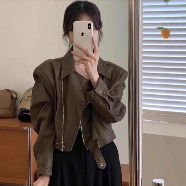 brown PU Leather Coat Women's Short 2025 Spring Loose Petite Retro Hong Kong Style Long Sleeve Biker Jacket Top