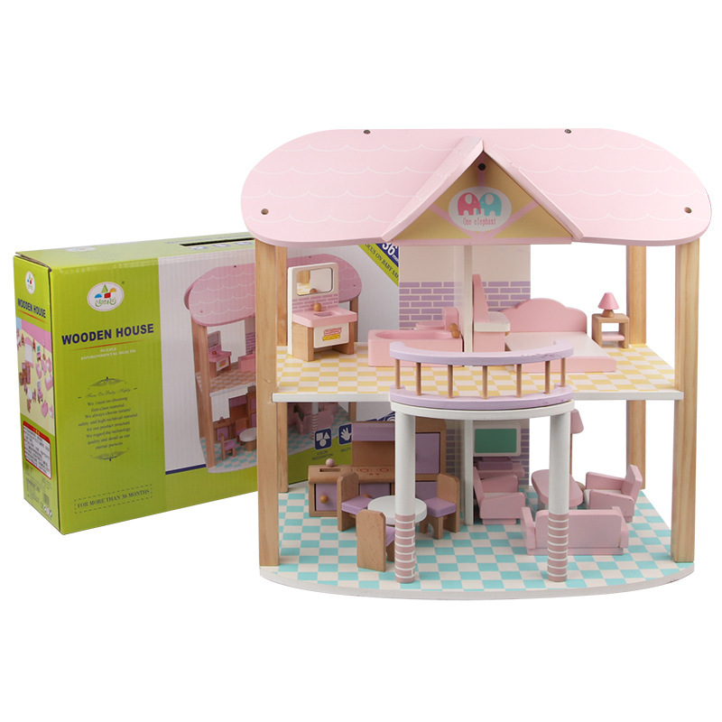 Wooden pink princess doll house simulation Castle small Villa children play house cabin girl gift toy