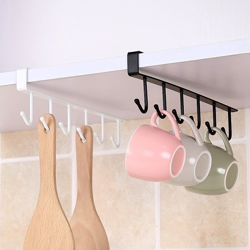 Kitchen iron seamless nail-free hook cabinet storage rack multi-functional wardrobe door rear organizing rack six-piece row hook