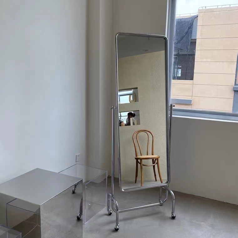 Stainless Steel Full-length Mirror Clothing Store Mirror Fitting Mirror Movable Mirror Full-body Dressed Mirror Floor Mirror Household Style