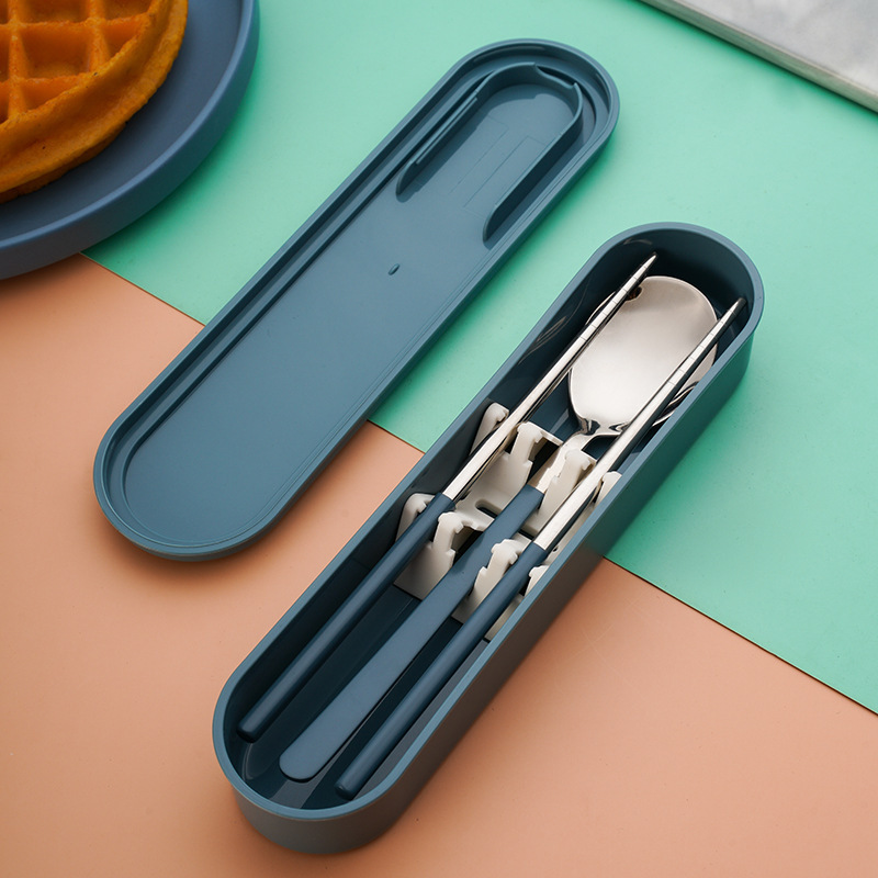 Cross-Border 304 Stainless Steel Portable Tableware Fork Spoon Chopsticks Set Korean Student Outdoor Tableware Three-Piece Set