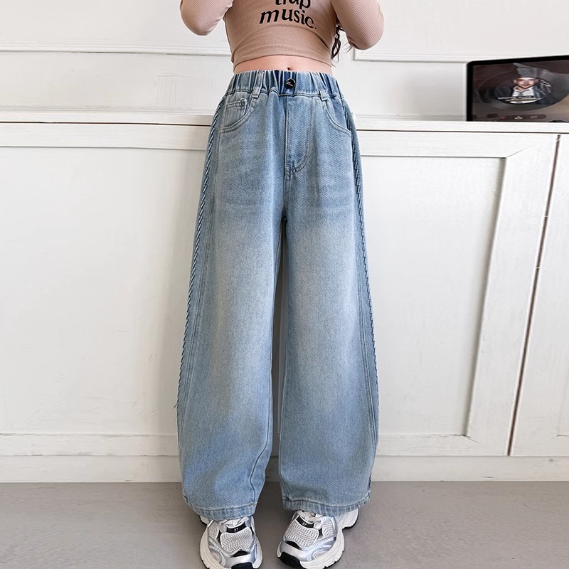 Girls' Denim Wide Leg Pants 2025 Spring and Autumn New Western Style Girls' Fashionable Loose High Waist Straight Pants Long Pants
