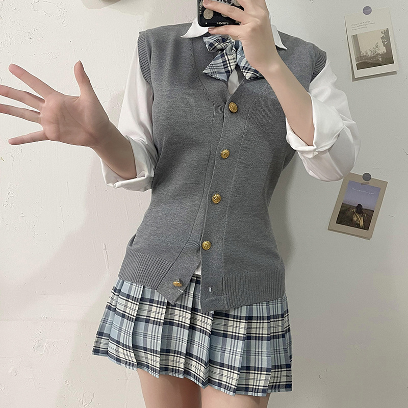 College Style Thin Jk Uniform Plaid Skirt Suit Student Knitted Cardigan Sweater V Neck Vest Vest Women
