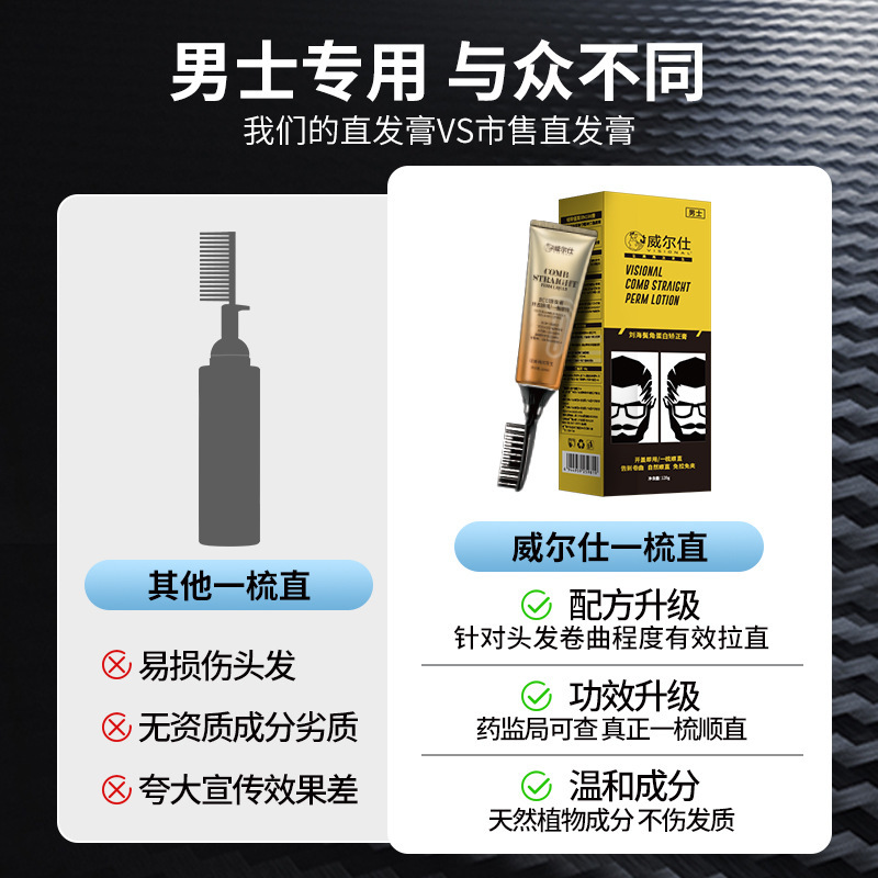 Men's Bangs and Sideburns Protein Correction Hair Straightening Cream, Long-Lasting Smoothing and Softening Agent, One Comb Straight Without Damaging Hair