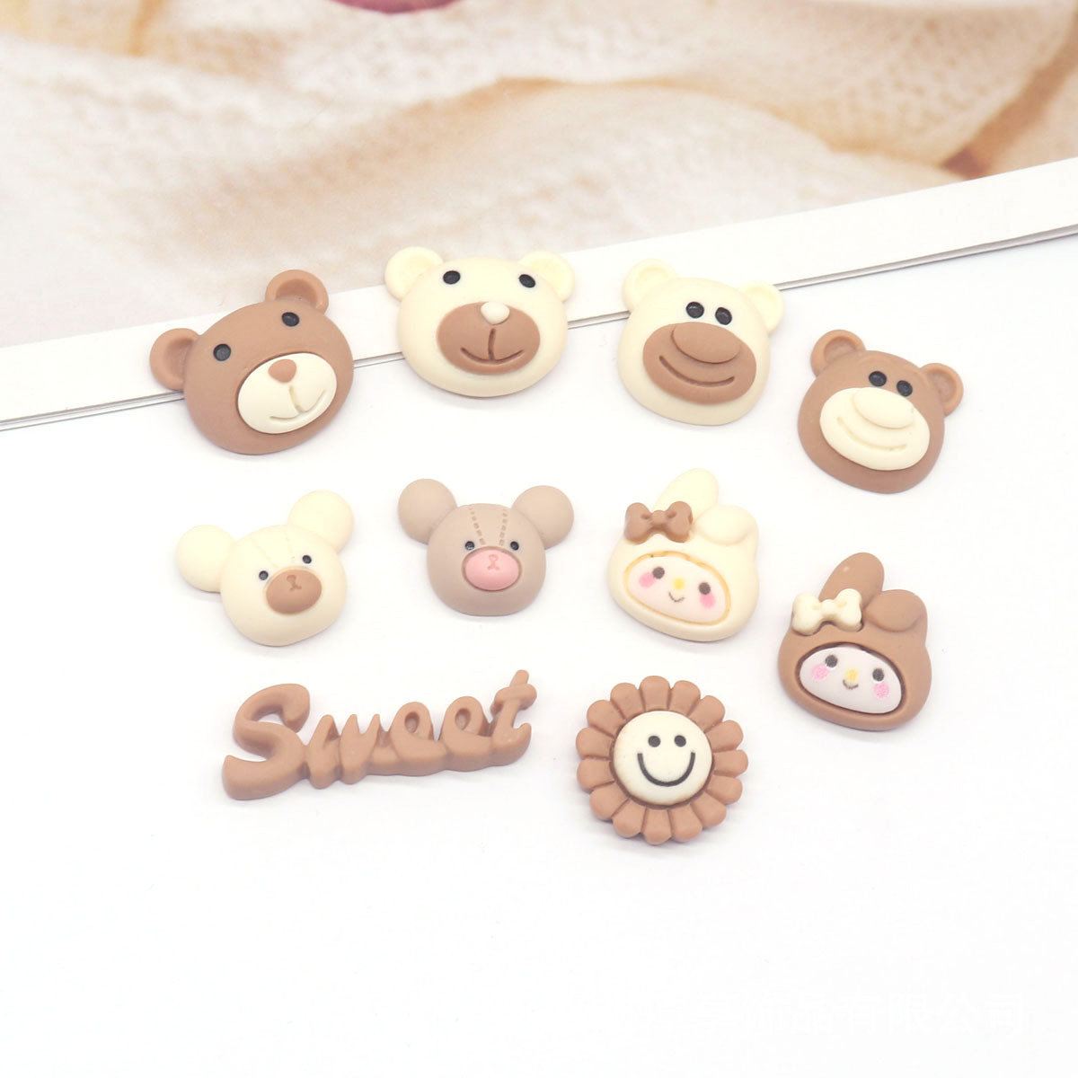 Milk tea color bear head smiley face flower resin accessories diy rubber band hair clip material clothing mobile phone shell patch