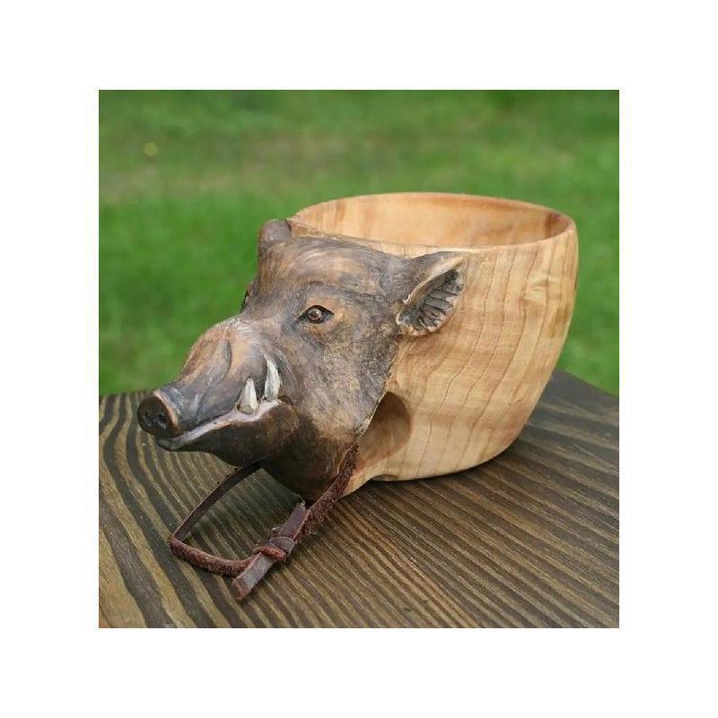 Natural Water Beer Mug Handmade Wood Carved Fox Animal Head