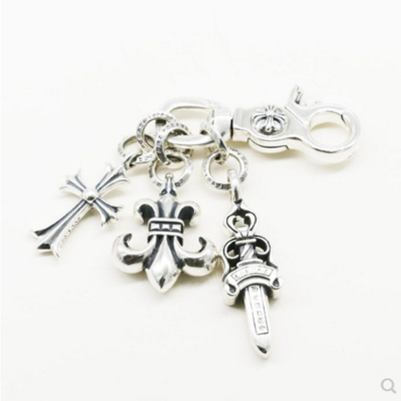 Sterling Silver S925 Retro Personalized Cross Keychain Hanging Buckle Ring Men's and Women's Fashion Double Sieve Bag Buckle