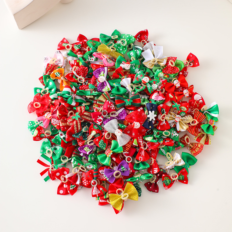 Cross-border Hot-selling Christmas Pet Bow Head Flower Rubber Tendon Cute Pet Curly Flower Headwear Accessories Bow Tie in stock
