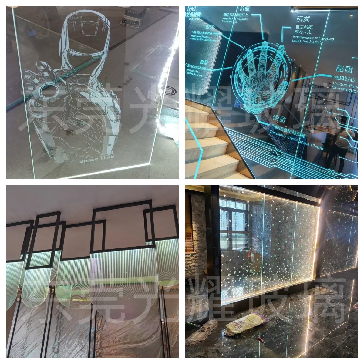 Laser Engraved Glass Screen Decorative Art Partition 3D Background Luminous Tempered Glass Wall Display Hall