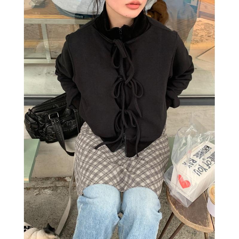 fleece-lined autumn and winter! South Korea Sweet Bow Strap Lace-up Color-matching Collar Short Jacket Sweatshirt Thickened Japanese Style