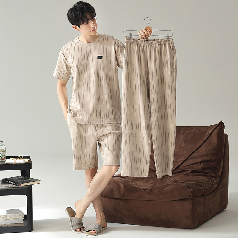 2025 Spring and Summer New Men's Pajamas Short-sleeved Three-piece Set Pure Cotton Internet Celebrous Live Explosions Men's Home Clothes