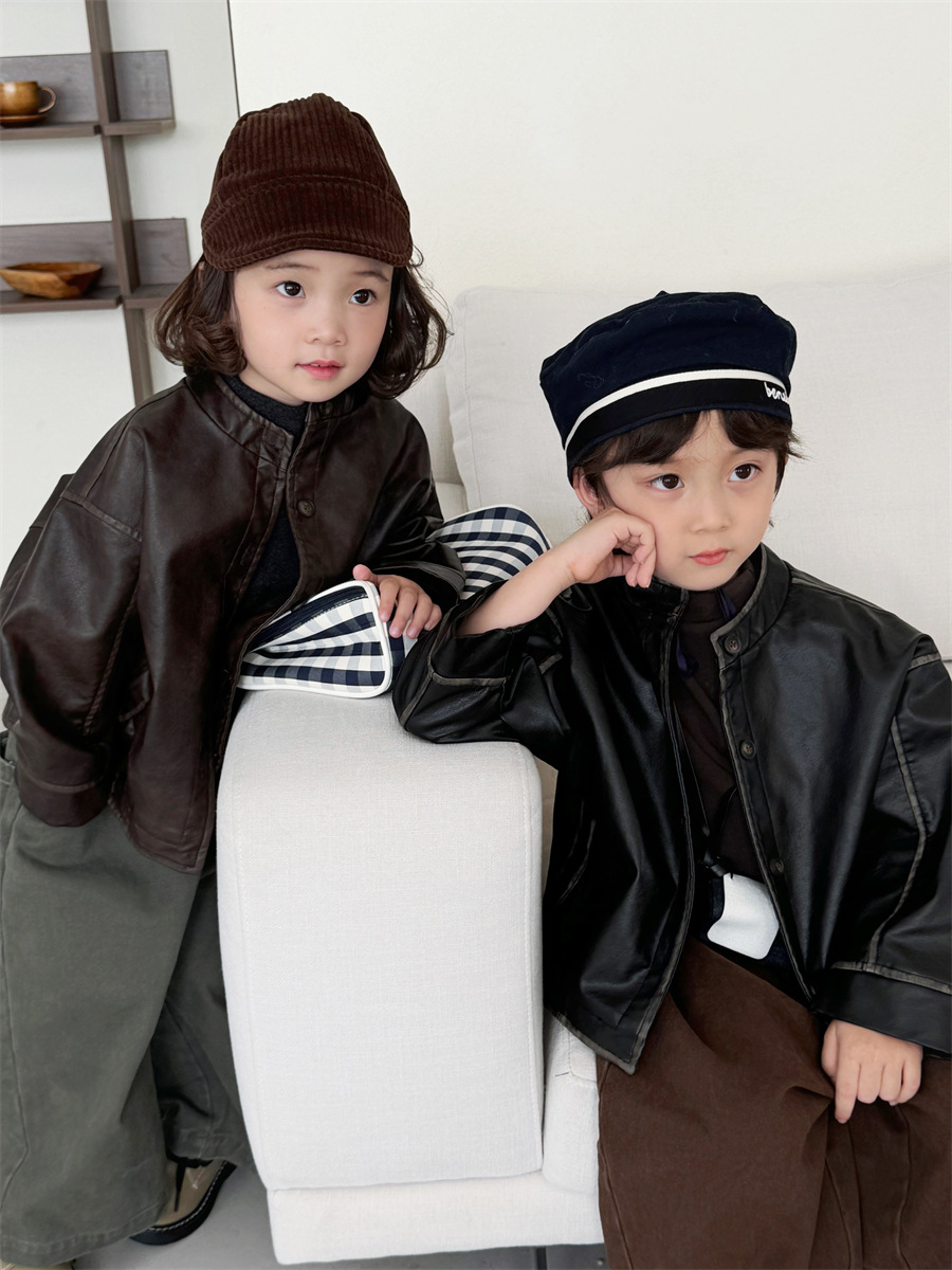 Jiaye Children's Products 2025 Children's Autumn New Color Rubbed Leather Jacket Men's and Women's Baby Forest Jacket Motorcycle Suit