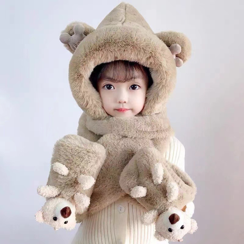 Parent-Child Bear Hat Scarf Integrated Children's Baby fleece-lined Thickened Cute Plush Scarf Gloves Three-Piece Set