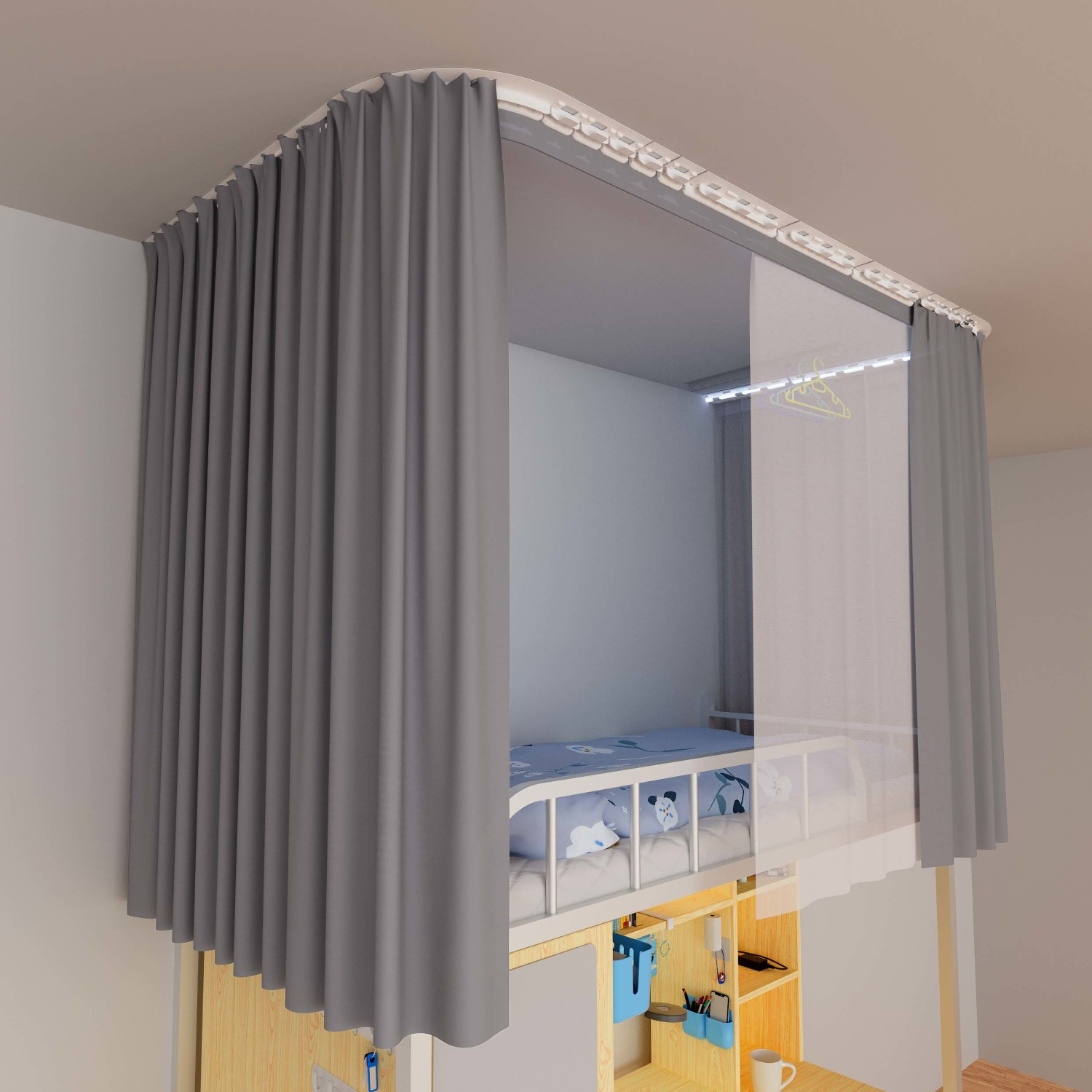 Dormitory Thickened Upper Bunk Super Blackout Cloth U-Shaped Double Track Breathable Full Bed Curtain Opaque Complete Set